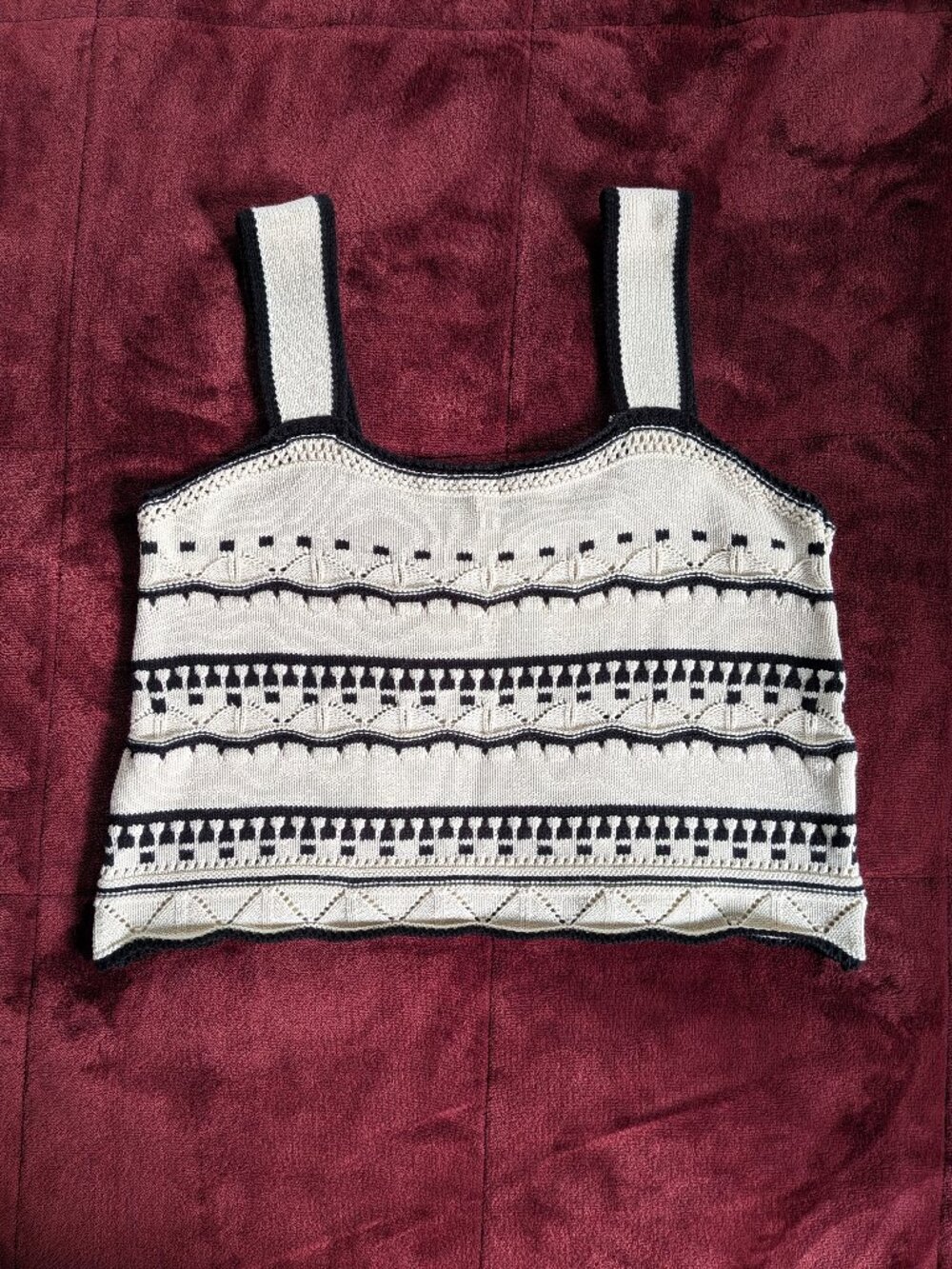 Entro Crochet Knit Striped Tank Top - Cream & Navy - Size Large